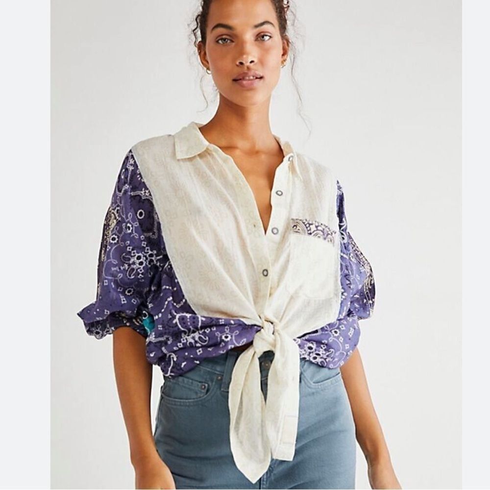 We The FREE PEOPLE $148 SUN VALLEY blouse BANDANA COTTON TUNIC TOP M OVERSIZED - Picture 2 of 11